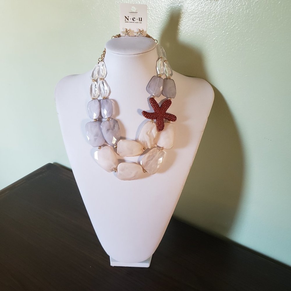 Starfish Chunky Statement Necklace Earring Set NWT